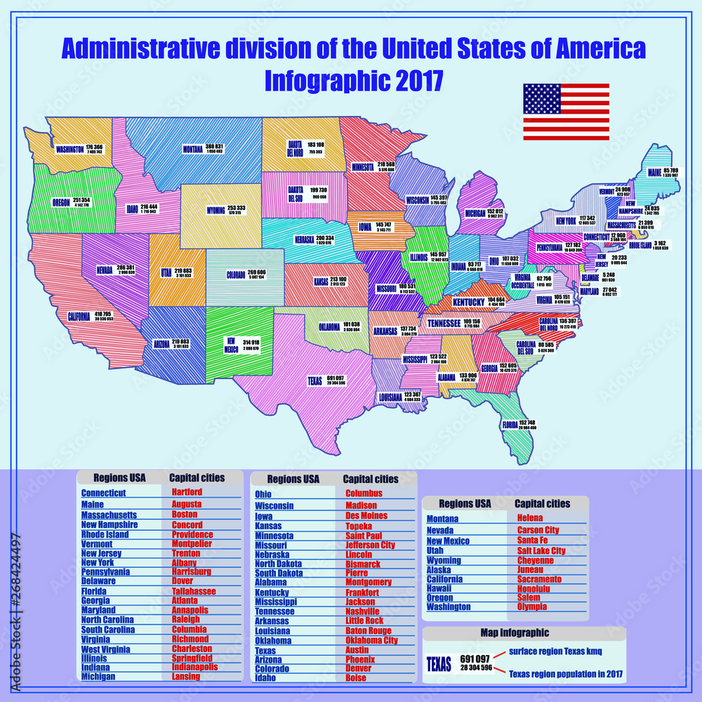 Obraz premium Bright illustration with map of United States of America with division and info graphic . Abstract map of USA with regions and informations.