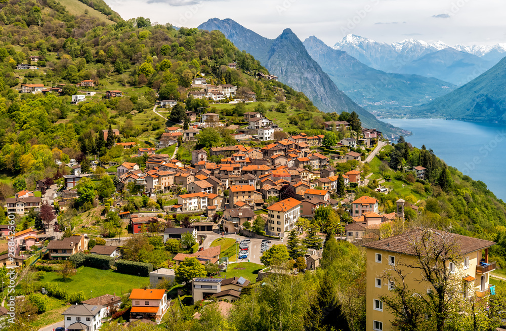 Scenic view of ancient small village Bre over the lake Lugano from Monte Bre, Ticino, Switzerland