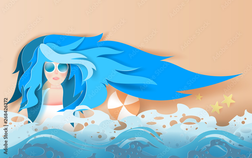 illustration of Beautiful girl with long hair with Sunbathing. Young woman is relaxing on beach. Creative design paper cut and craft style. Summertime for sea wave. vector. EPS10