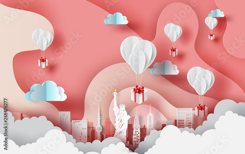 Paper art of white balloons gift floating on Abstract Curve shape pink sky background,valentine season concept. City landscape for card and poster. New York city. USA. vector. illustration. EPS10