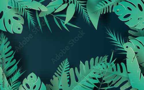 3D illustration of Tropical palm leaves and nature plants.Design Paper cut and craft Origami Hawaiian style summertime space for text. Graphic dark green summer season floral background.vector. EPS10