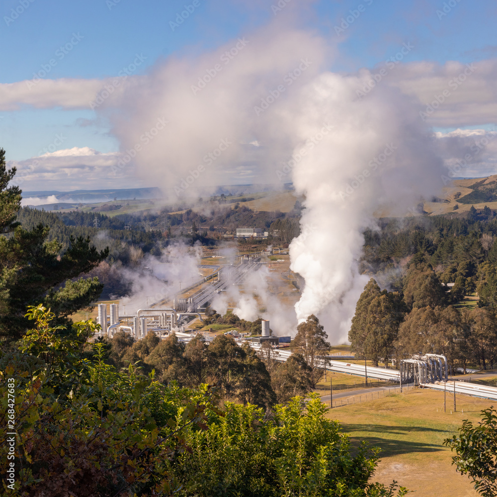 Fototapeta premium Green energy - Wairakei geothermal power plant pipeline steam, New Zealand