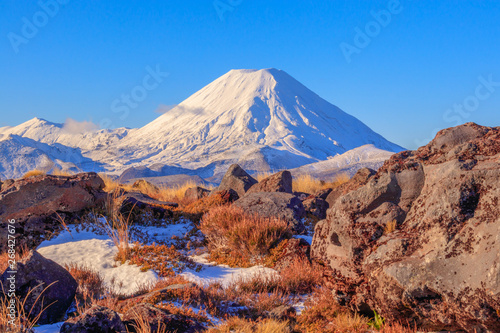 Snow top Ngauruhoe volcano Tongariro National Park, New Zealand