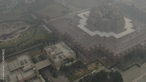 Akshardham complex in Delhi, aerial 4k ungraded/flat photo