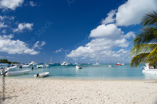 Moored boats and catamarans on the coast of the Caribbean Sea