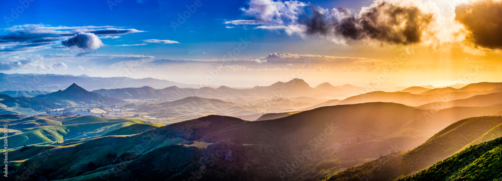 Panorama of Mountains and Valley at Sunset