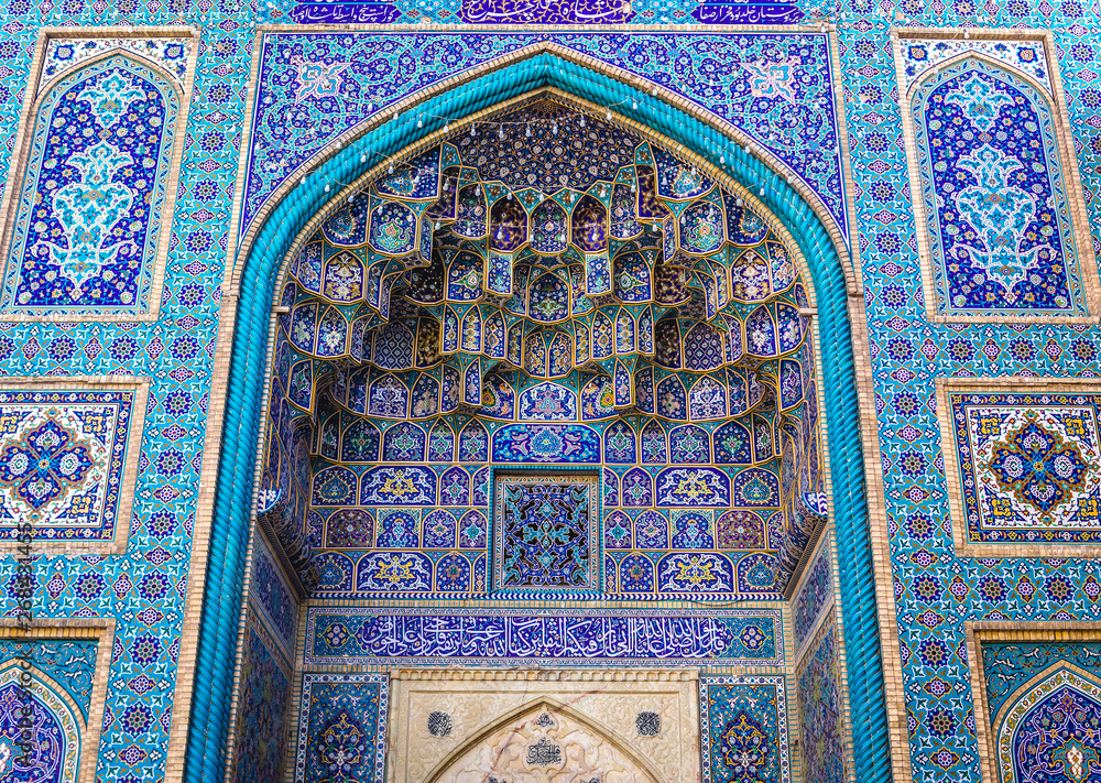Details of Persian architecture of Shah Cheragh funerary monument and mosque in Shiraz, Iran