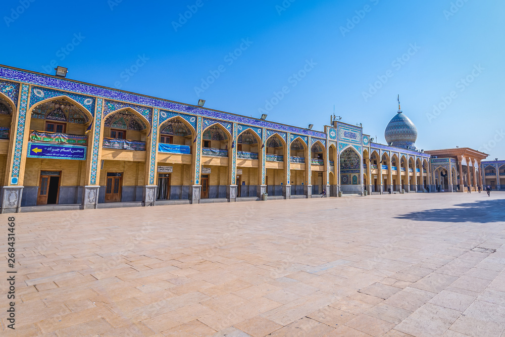 View from courtyard of Shah Cheragh funerary monument and mosque in Shiraz, Iran