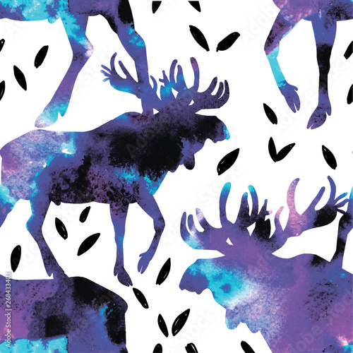 Seamless pattern with moose vintage style. An adult elk with large antlers. Plant leaves.