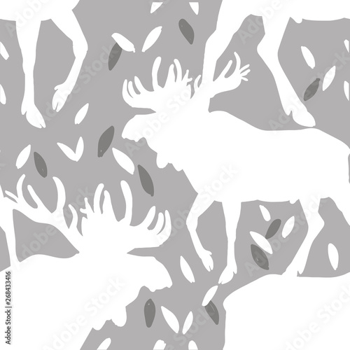 Seamless pattern with moose vintage style. An adult elk with large antlers. Plant leaves.
