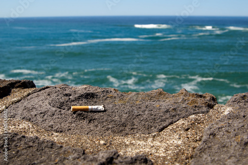 Cigarette butt laying on a rock by the ocean. Pollution and environmental concept.