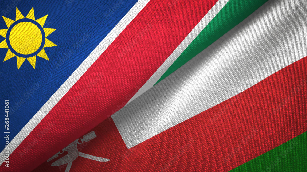 Namibia and Oman two flags textile cloth, fabric texture Namibia and Oman two flags textile cloth, fabric texture