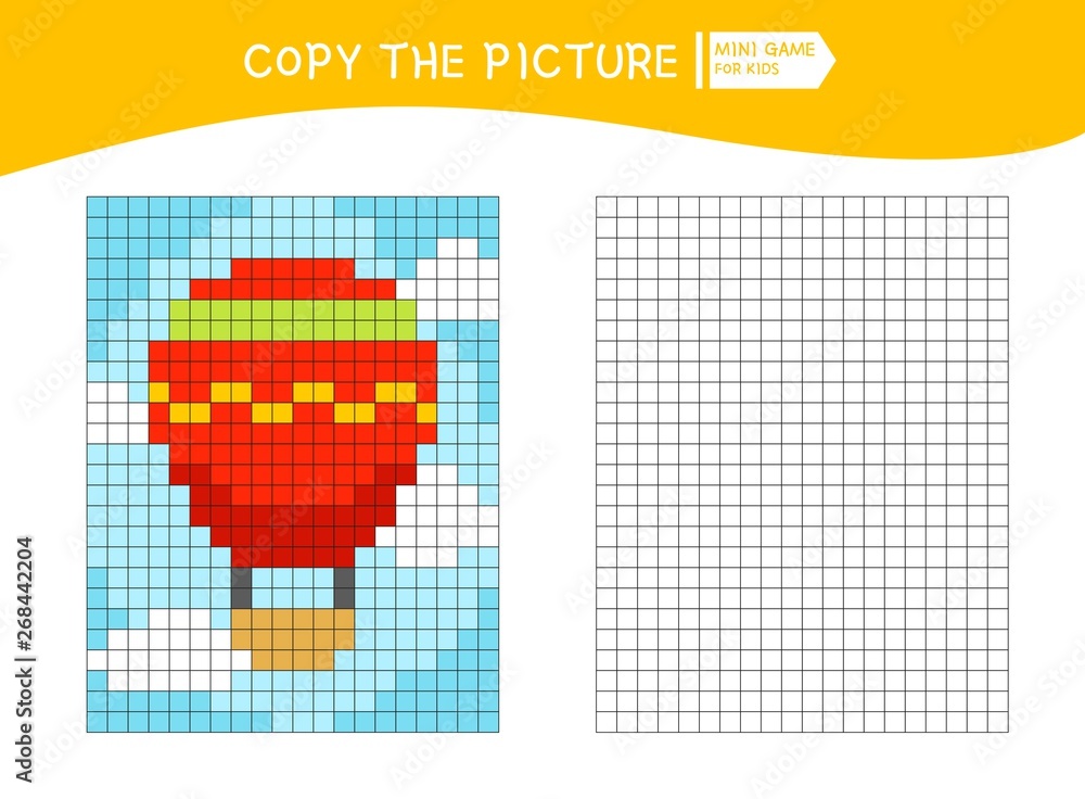 Educational game for children. Copy the picture. Cartoon air balloon. Educational game for children. Copy the picture. Cartoon air balloon.