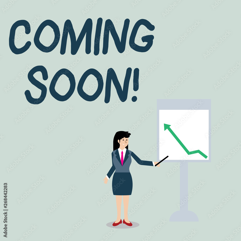 Conceptual hand writing showing Coming Soon. Concept meaning event or action that will happen after really short time Woman Holding Stick Pointing to Chart of Arrow on Whiteboard Conceptual hand writing showing Coming Soon. Concept meaning event or action that will happen after really short time Woman Holding Stick Pointing to Chart of Arrow on Whiteboard
