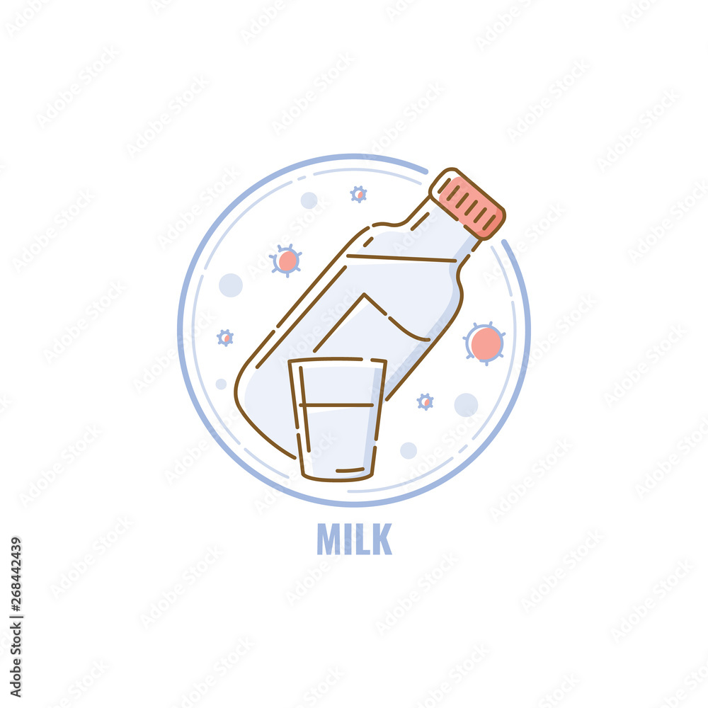 Bottle and glass of milk in circle icon flat linear style Bottle and glass of milk in circle icon flat linear style