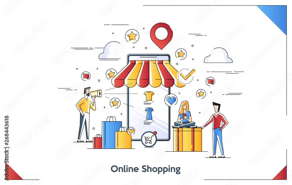 Flat line art illustration concept of Online Shopping. Vector banner, icon, illustration, landing page. Mobile Shopping. Interacting people.