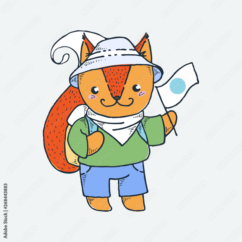 Naklejka premium Cute little fox, cartoon hand drawn vector illustration. Cute for baby coloring pages, t-shirt print, fashion prints and other