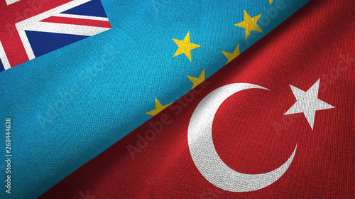 Tuvalu and Turkey two flags textile cloth, fabric texture