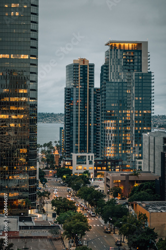 View of buildings in downtown at night, San Diego, California