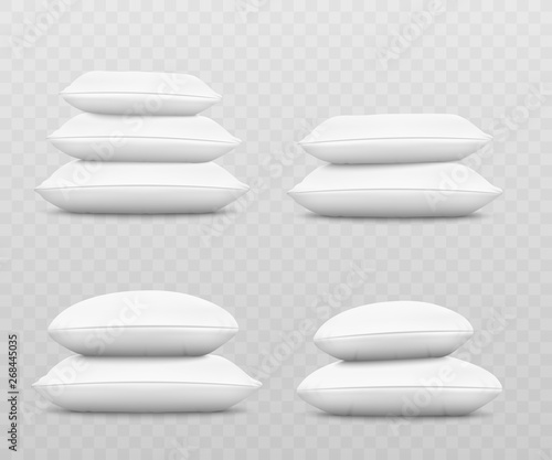 White pillow stack set from side view, three or two square and round cushions stacked on top of each other