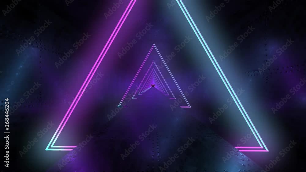 Flying through neon light tunnel moving fast Vj dj virtual game - 3D render