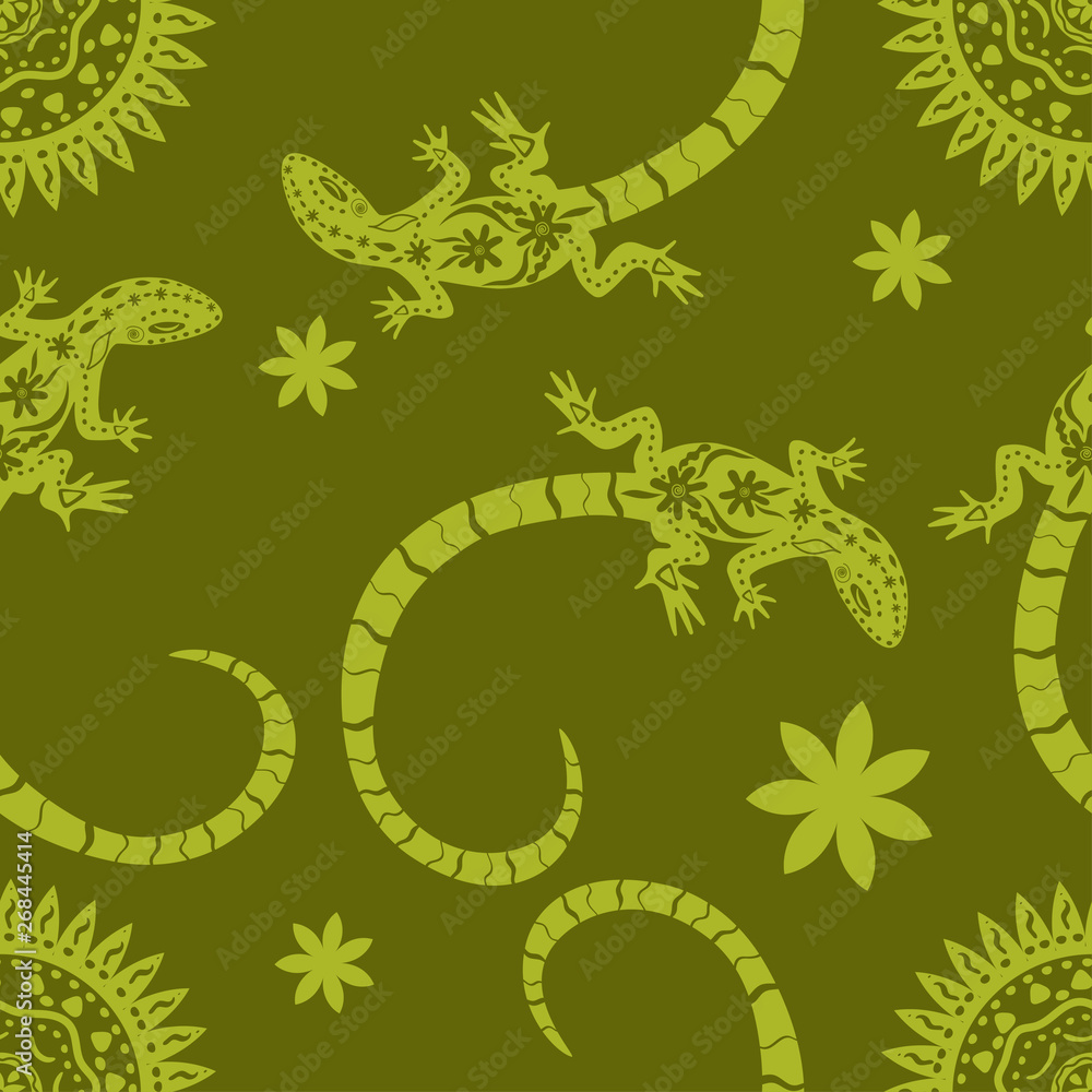 Tropical background of flowers, sun and lizards. Seamless pattern Exotic vector illustration. Jungle flat print Tropical background of flowers, sun and lizards. Seamless pattern Exotic vector illustration. Jungle flat print