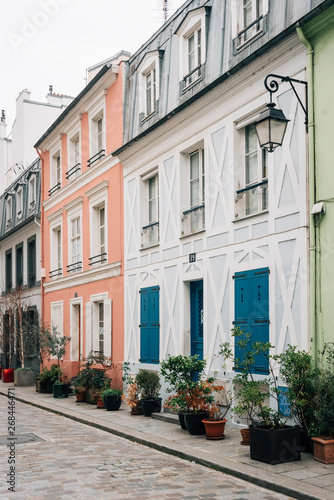 Colorful houses along Rue Cremieux in Paris, France © jonbilous