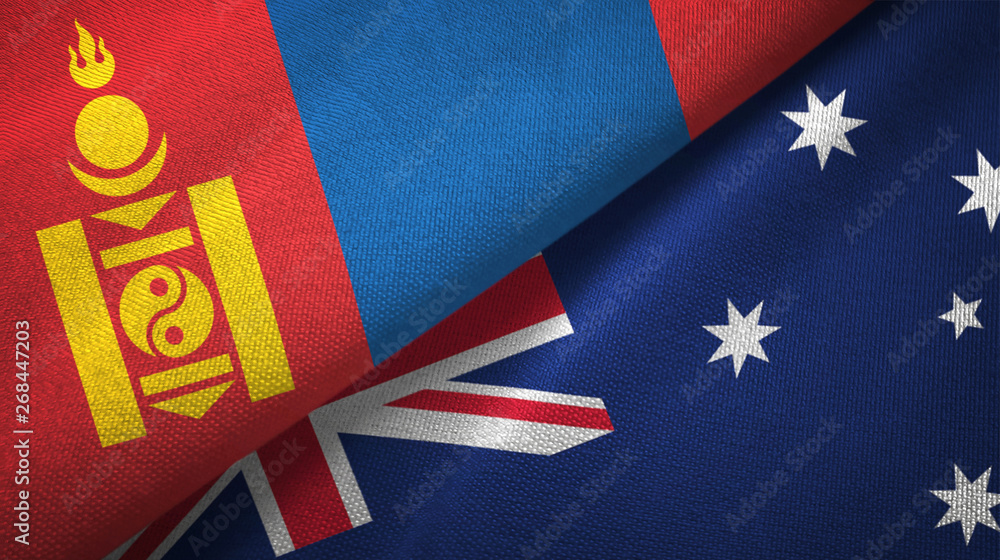 Mongolia and Australia two flags textile cloth, fabric texture Mongolia and Australia two flags textile cloth, fabric texture