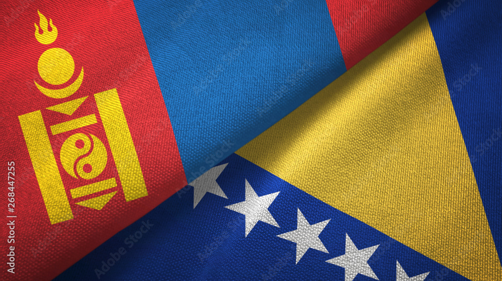 Mongolia and Bosnia and Herzegovina two flags textile cloth, fabric texture Mongolia and Bosnia and Herzegovina two flags textile cloth, fabric texture