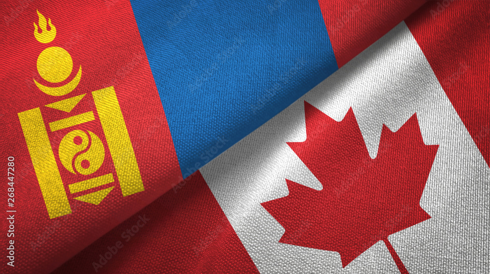 Mongolia and Canada two flags textile cloth, fabric texture Mongolia and Canada two flags textile cloth, fabric texture