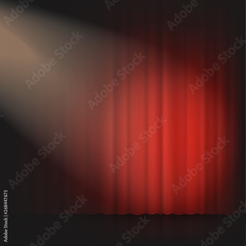 Spotlight on stage curtain theater or cinema 3d realistic vector illustration.
