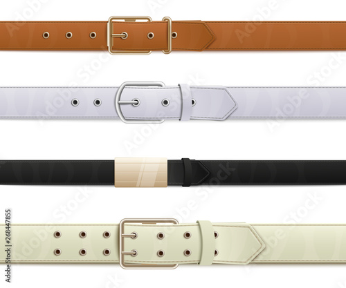 Realistic leather belt set with metal buckles, collection of brown, white, black, beige belts