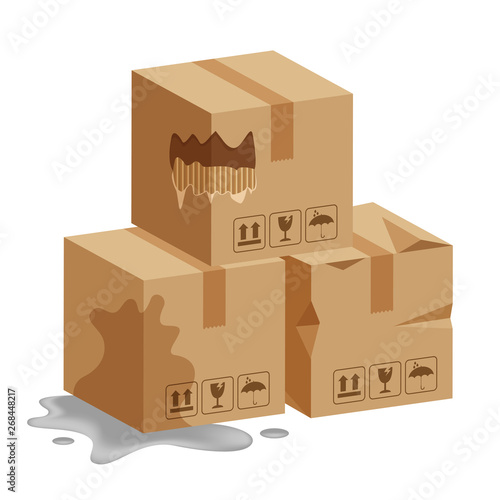 damaged crate boxes 3d, broken cardboard box, flat style cardboard parcel boxes wet, packaging cargo, isometric boxes torn, packaging box brown ripped, symbol carton box isolated white background