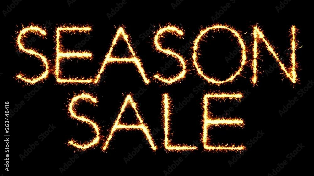Season Sale Text Sparkler Writing With Glitter Sparks Particles Firework on Black 4K Loop Background. Greeting card, Invitation, Celebration, Party, Gift, Message, Wishes, Festival. Season Sale Text Sparkler Writing With Glitter Sparks Particles Firework on Black 4K Loop Background. Greeting card, Invitation, Celebration, Party, Gift, Message, Wishes, Festival.