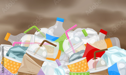 garbage waste plastic many on pollution sky background, pile of bottles plastic garbage waste many, plastic bottle paper cup waste dump, garbage environment problem and atmosphere air polluted