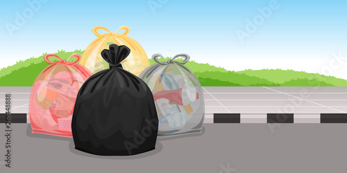 lots of garbage bags plastic waste at walkway floor, many trash bag plastic, lots of garbage bags plastic, pile garbage waste, pollution waste, 3r