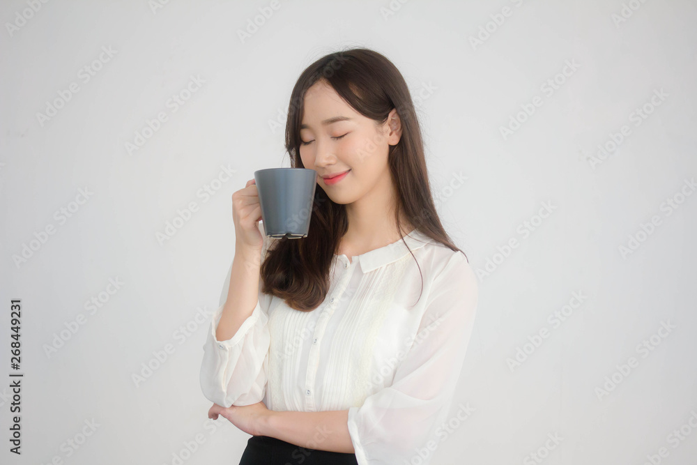 portrait of thai china adult office girl white shirt drinking coffee portrait of thai china adult office girl white shirt drinking coffee