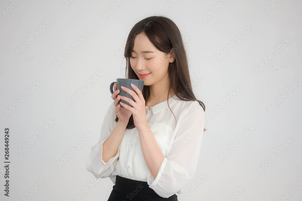 portrait of thai china adult office girl white shirt drinking coffee portrait of thai china adult office girl white shirt drinking coffee