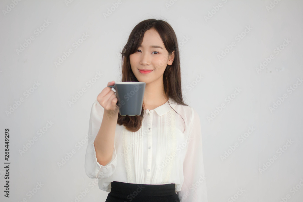 portrait of thai china adult office girl white shirt drinking coffee portrait of thai china adult office girl white shirt drinking coffee