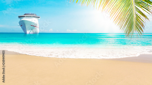 Cruise ship close to sunny Caribbean beach with palm trees