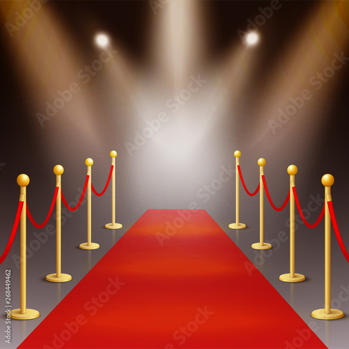 Award ceremony red carpet illuminated by spotlights vector illustration.