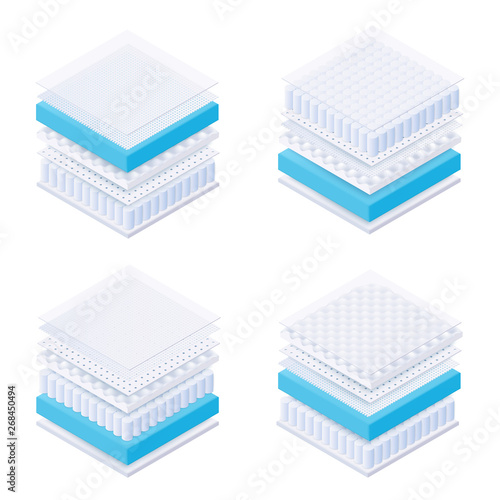 Set of different orthopedic mattress material layers realistic style