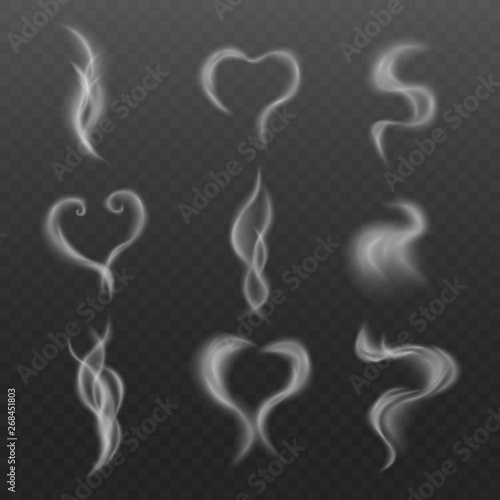 Steam smoke realistic set various shaped on dark background isolated vector.