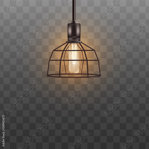 Geometric lamp shade with electric lightbulb, black modern metal lampshade hanging from ceiling.