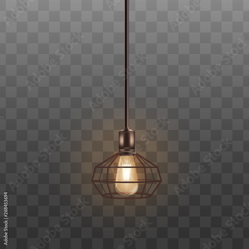 Black loft lamp with incandescent lightbulb, realistic interior design decoration