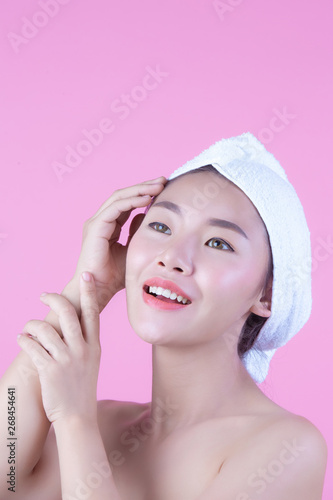 Young woman asia with clean fresh skin touch own face, Expressive facial expressions, Cosmetology and Spa.