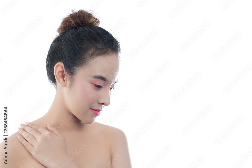 Beautiful young woman with a happy smile Facial expressions and gestures by hand, beauty concepts and spa Beautiful young woman with a happy smile Facial expressions and gestures by hand, beauty concepts and spa