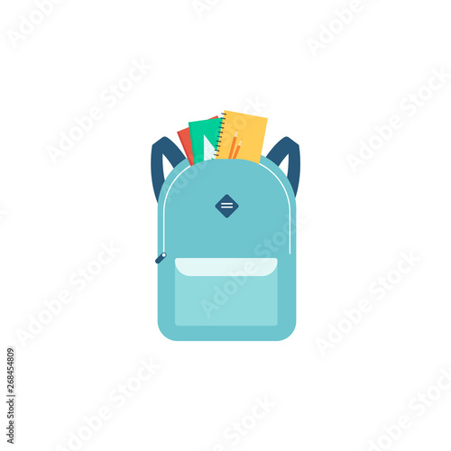 School backpack with notebooks and front pocket, blue cartoon bag with education supplies