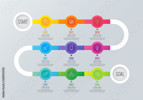 Year planner timeline infographics design vector and business icons with 9 options.