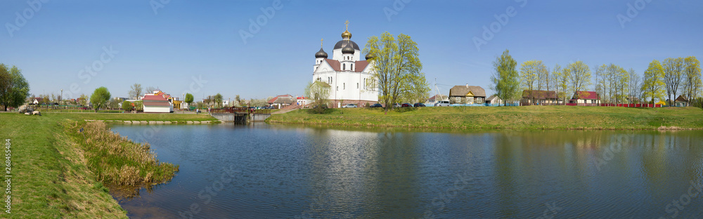 Panorama overlooking the Transfiguration Church on a sunny April day. Smorgon, Belarus